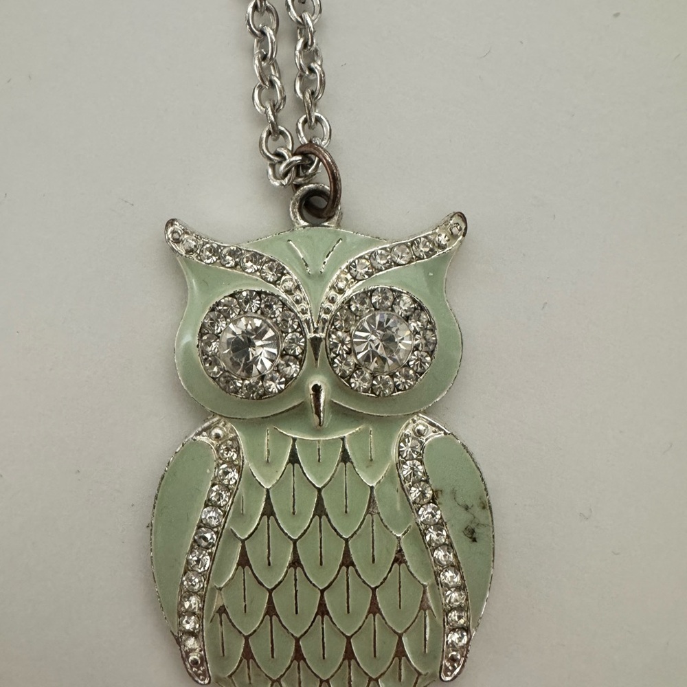 Elegant Silver and Green Owl Pendant Necklace